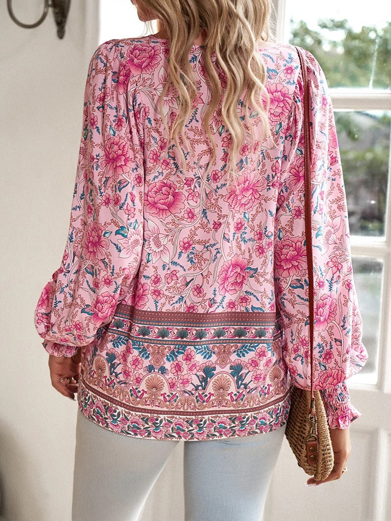 Women's Boho Floral Chiffon Long Sleeve Peasant Blouse Top
