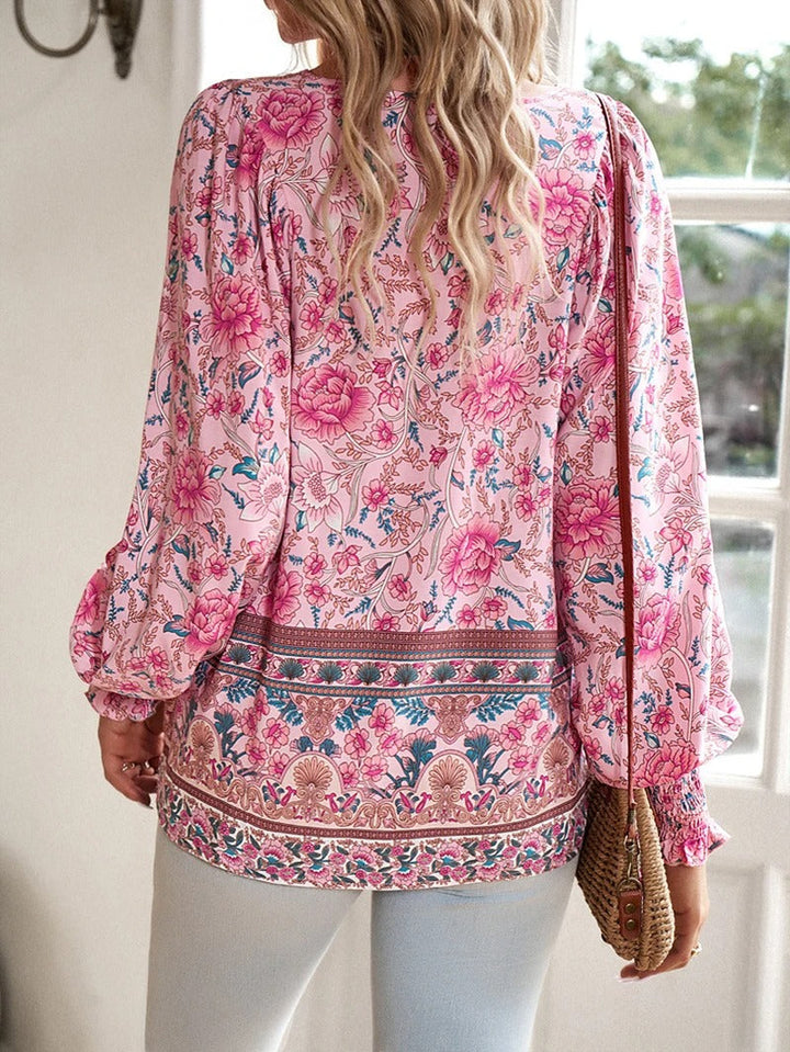 Women's Boho Floral Chiffon Long Sleeve Peasant Blouse Top