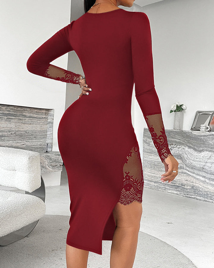 Women's Satin Long Sleeve Party Split Bodycon Midi Dress