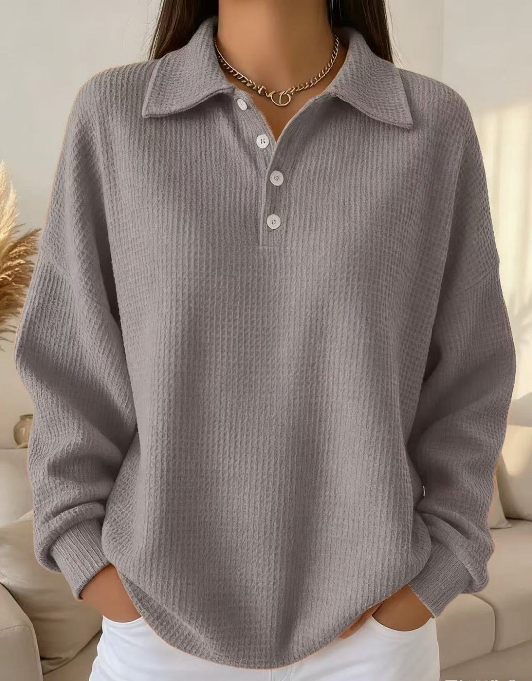 Women Long Sleeve Waffle Knit Polo Shirt