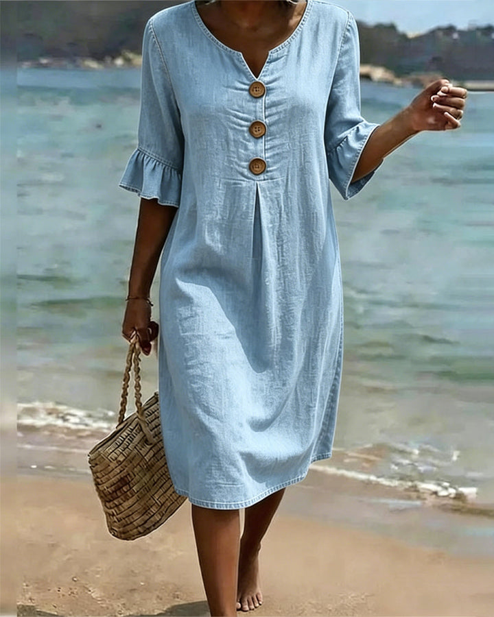 Linen V Neck Flute Sleeve Midi Dress for Women