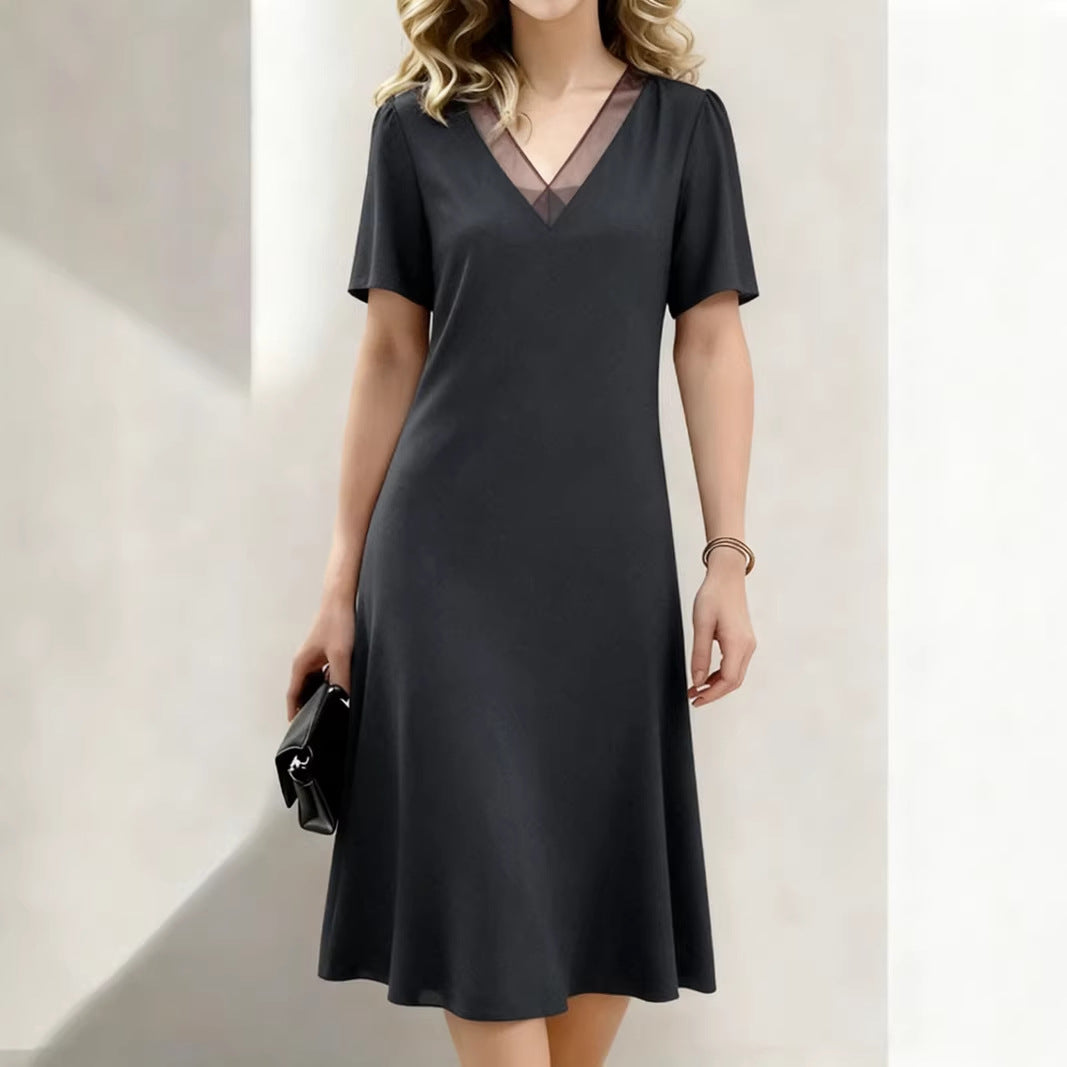 Women’s Linen V-Neck Short-Sleeve Flowing Midi Dress