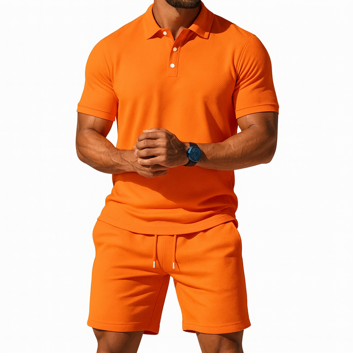 Men's Knit Polo and Shorts Set Linen Blend Co-ord Two Piece Outfit