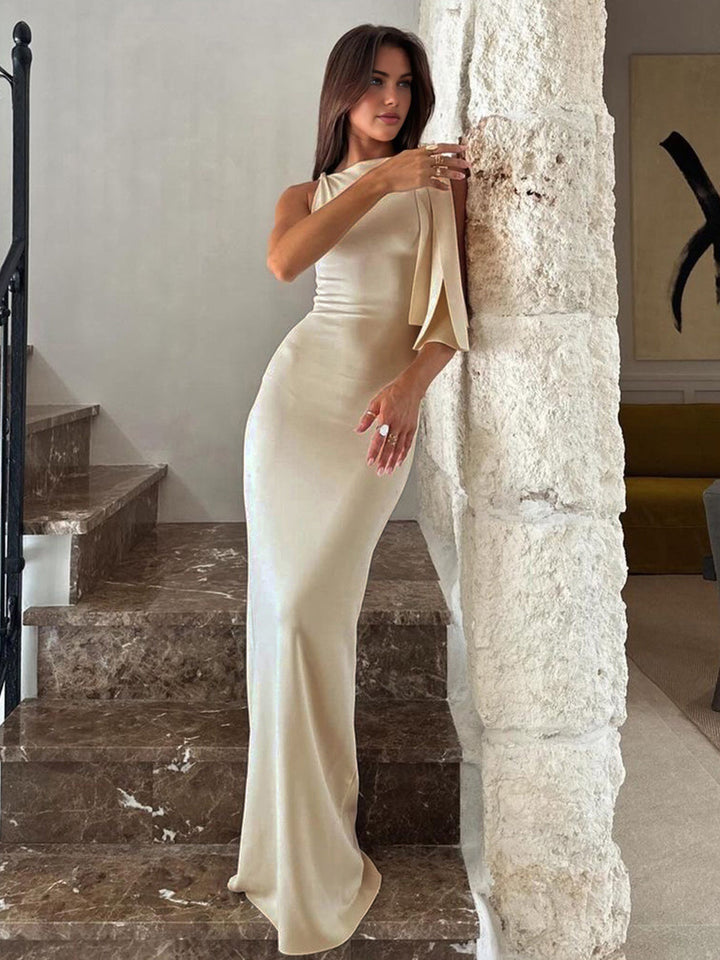 Robe de soirée longue et élégante en satin pour femme, sans manches, idéale pour les fêtes