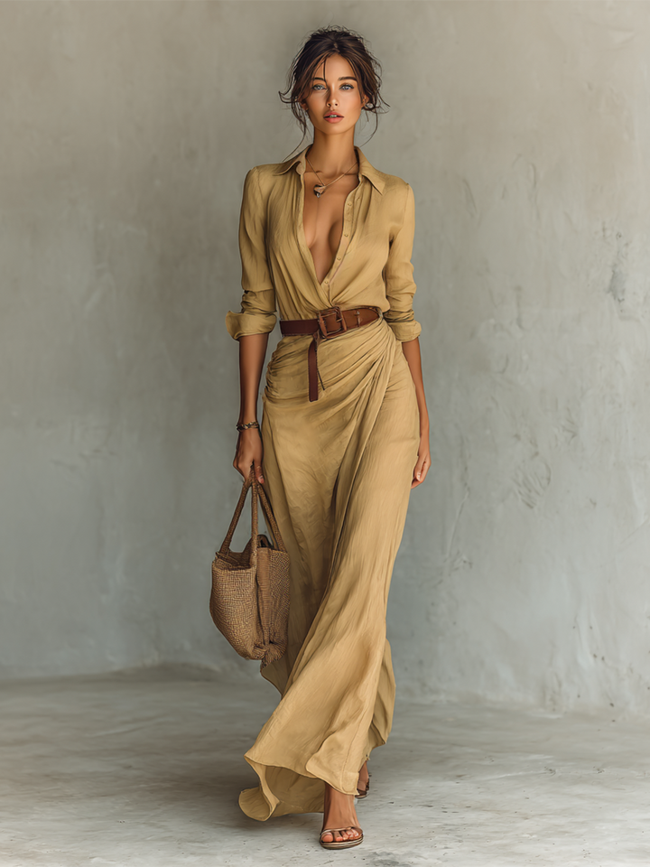 Women's Long Sleeve Belted Linen Blend Maxi Shirt Dress