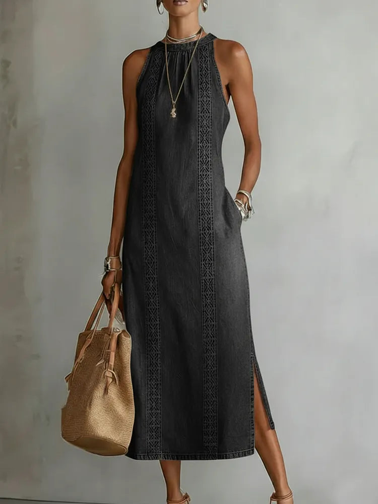 Women's Denim Halter Neck Sleeveless Casual A-Line Maxi Dress