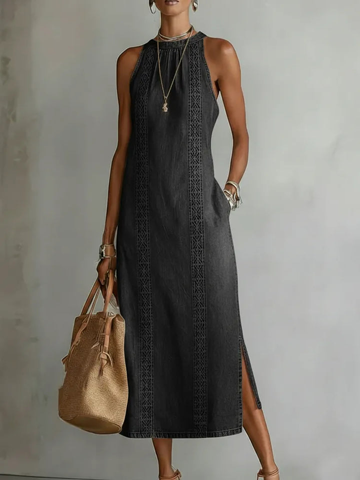 Women's Denim Halter Neck Sleeveless Casual A-Line Maxi Dress