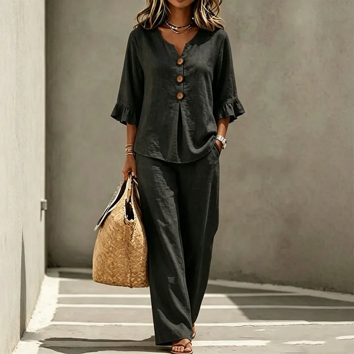 Women's Linen Blend Two Piece Set Casual Wide Leg Outfit