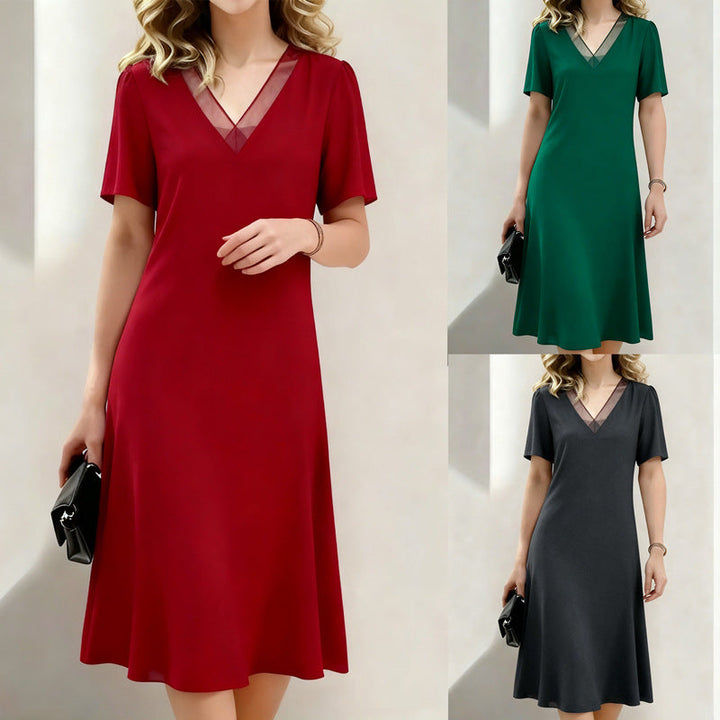 Women’s Linen V-Neck Short-Sleeve Flowing Midi Dress