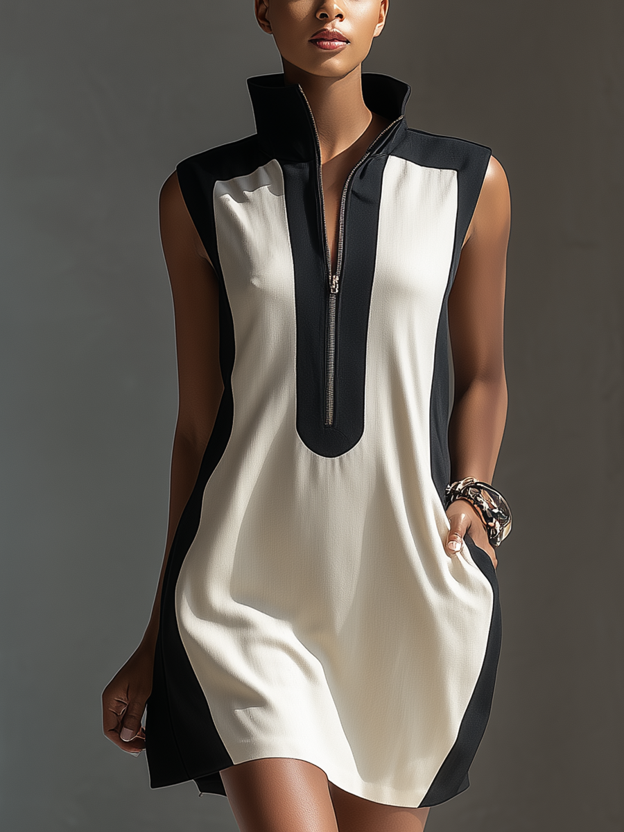 Women's Sleeveless Mini Dress Zip Up Stand Collar Shift Dress