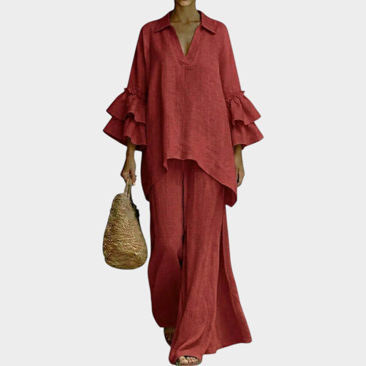 Women's Linen Ruffle 2 Piece Set Wide Leg Pants Coord