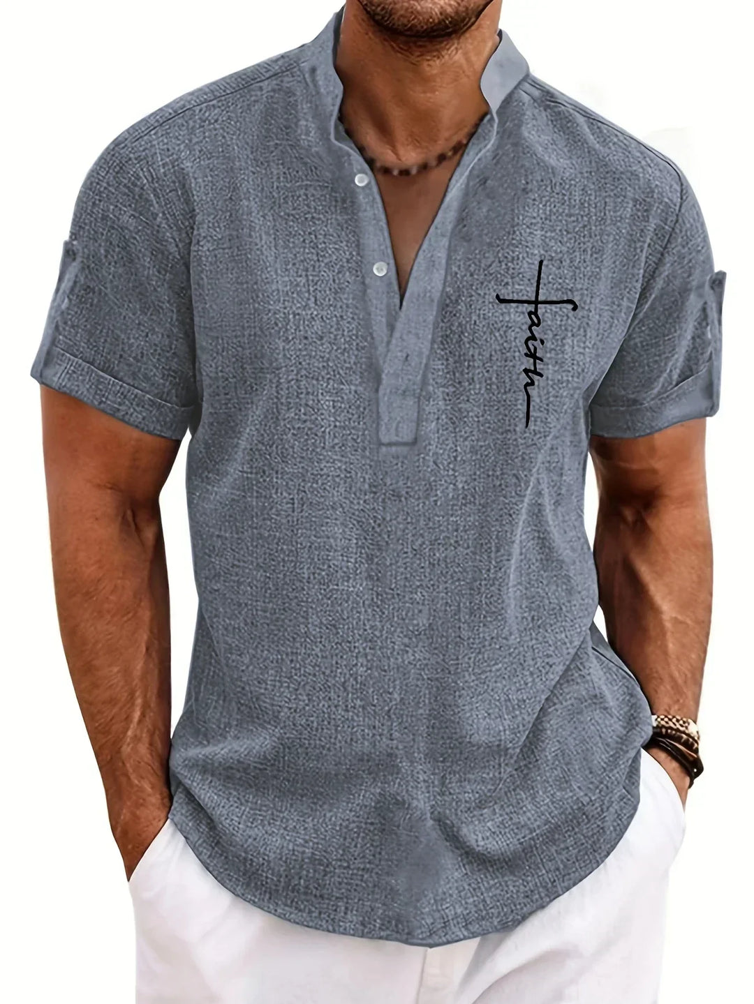 Men Henley Linen Shirt Casual Short Sleeve Cross Graphic Tee