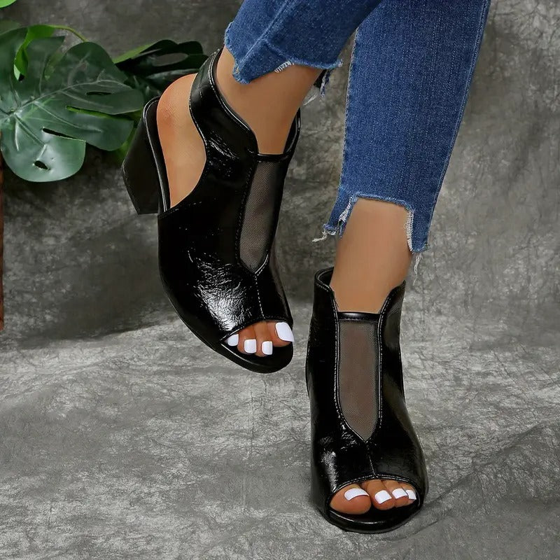 Women's Leather Open Toe Block Heel Mules