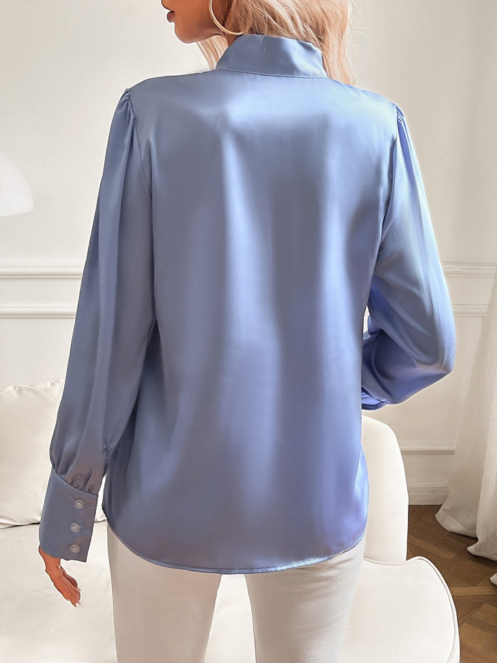 Women's Satin Bow Blouse Silk Feel Long Sleeve Office Shirt