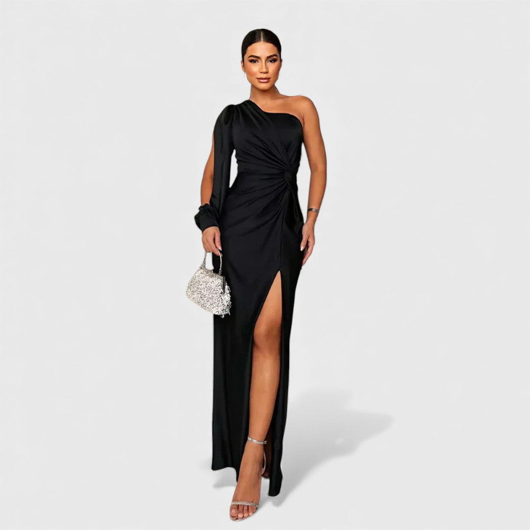 Women's Satin One-Shoulder Slit Maxi Dress