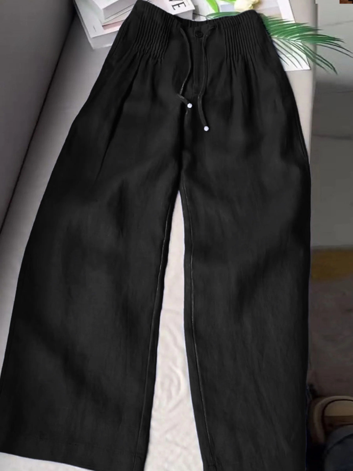 Women Wide Leg Linen Blend Trousers High Waist Smocked Culottes Pants