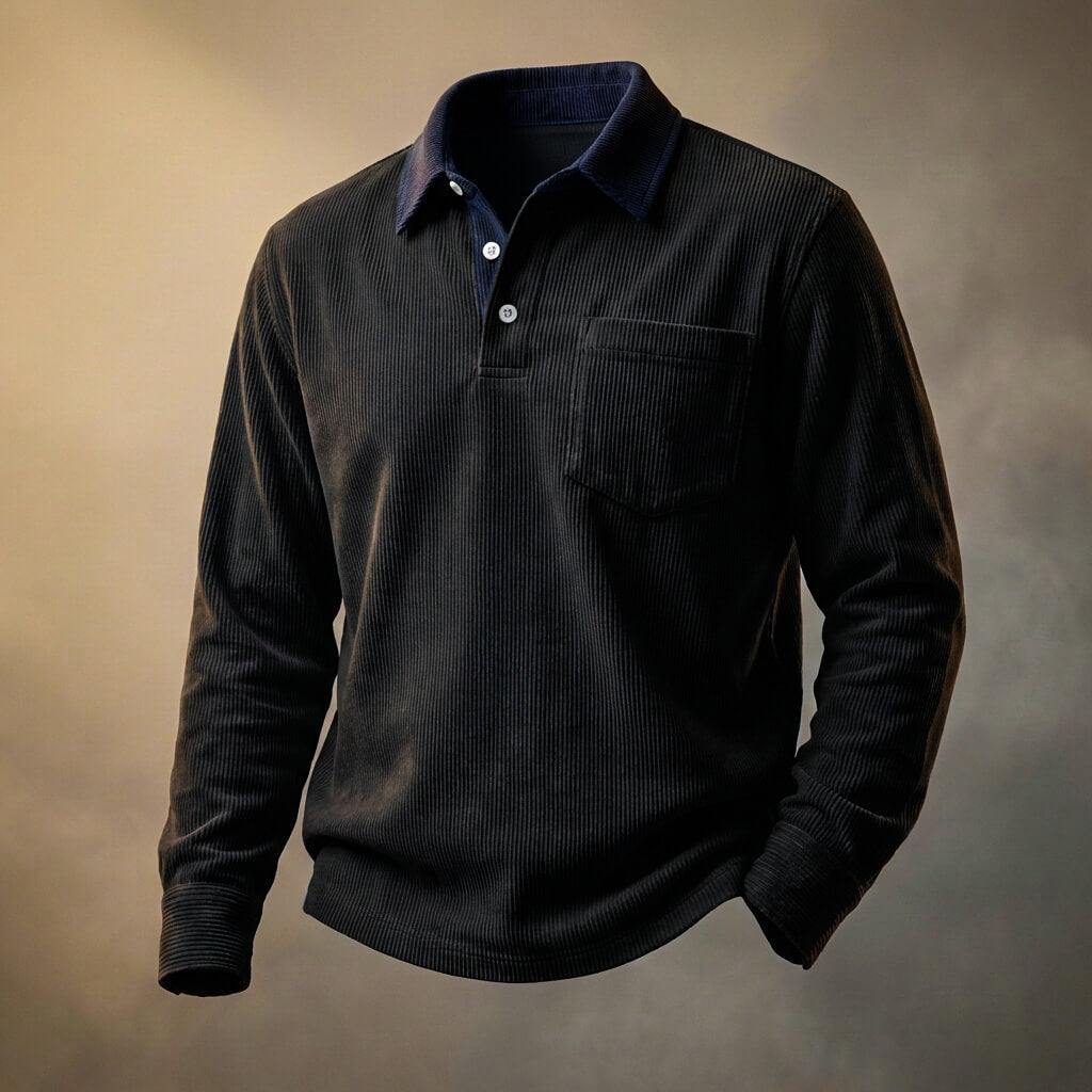 Men's Ribbed Knit Long Sleeve Polo Shirt