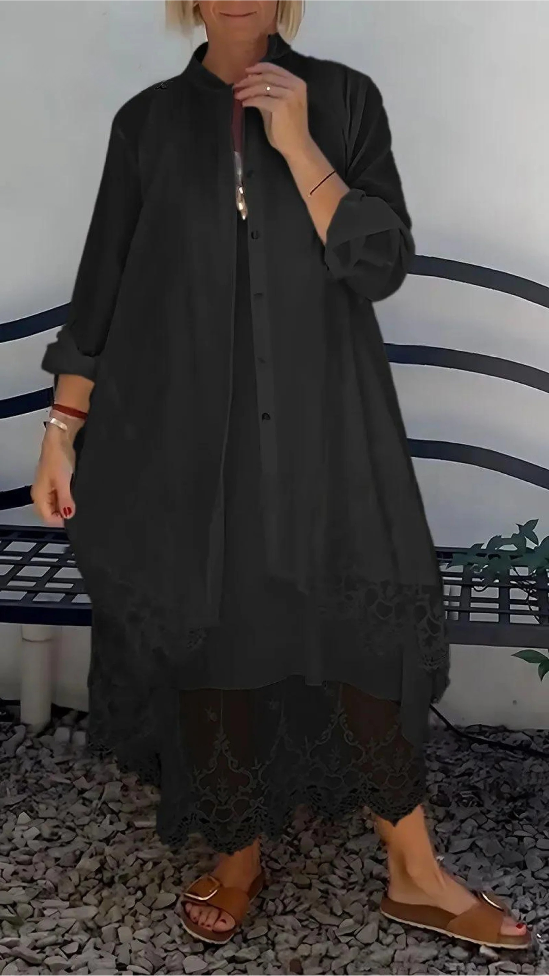Women's Linen Blend Lace Trim Embroidered Longline Shirt Dress
