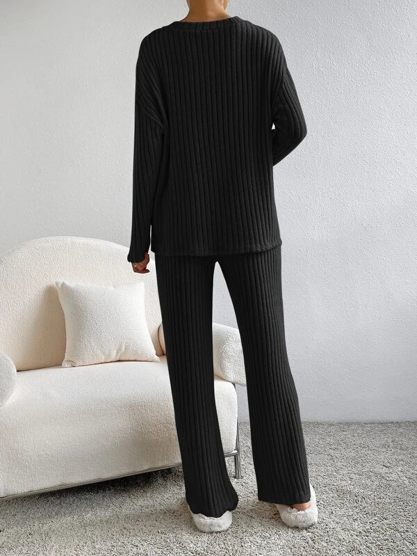 Women's Knit V-Neck Lounge Set Loungewear Co-ord Two-Piece Set