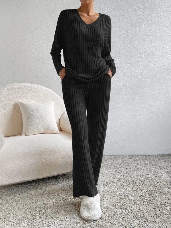 Women's Knit V-Neck Lounge Set Loungewear Co-ord Two-Piece Set