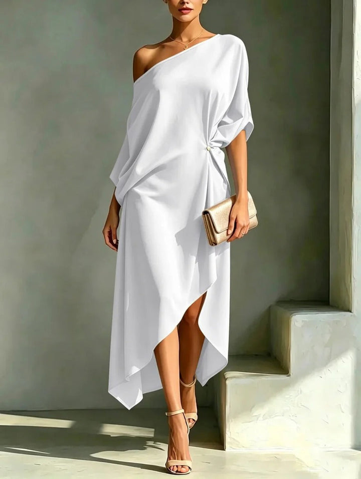 Women's Satin Asymmetric Off Shoulder Draped Party Midi Dress