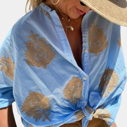 Γυναικεία λινή μπλούζα oversized, πουκάμισο με κουμπιά και μακριά μανίκια
