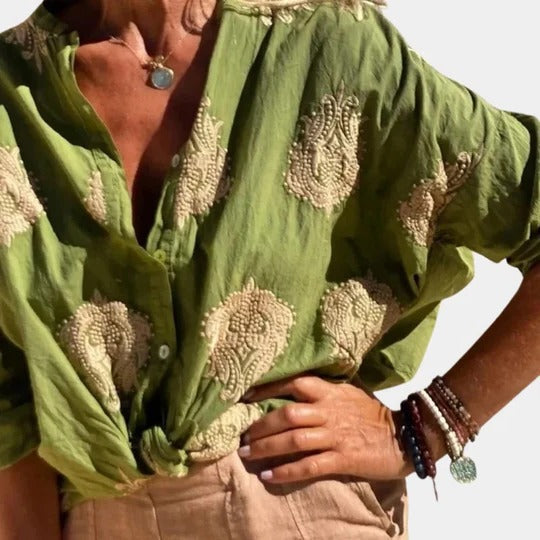 Γυναικεία λινή μπλούζα oversized, πουκάμισο με κουμπιά και μακριά μανίκια