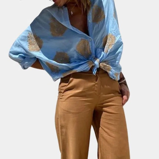 Γυναικεία λινή μπλούζα oversized, πουκάμισο με κουμπιά και μακριά μανίκια