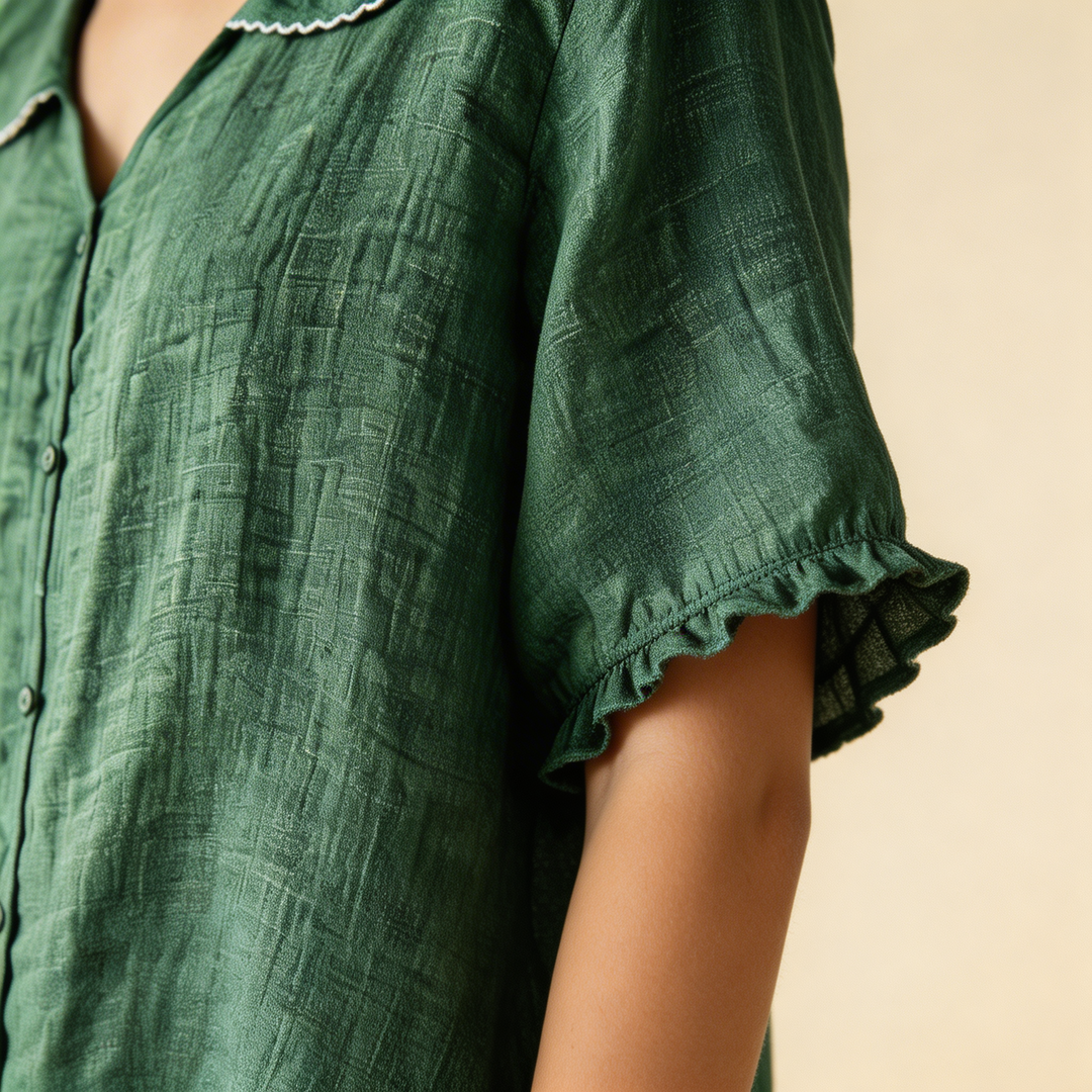 Women's Linen Blend Peter Pan Collar Short Sleeve Blouse Top
