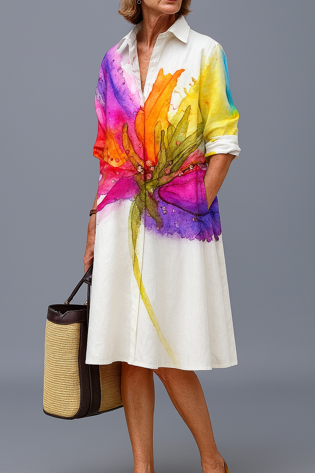 Women's Linen Blend Long Sleeve Abstract Print Shirt Dress