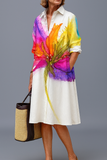 Women's Linen Blend Long Sleeve Abstract Print Shirt Dress
