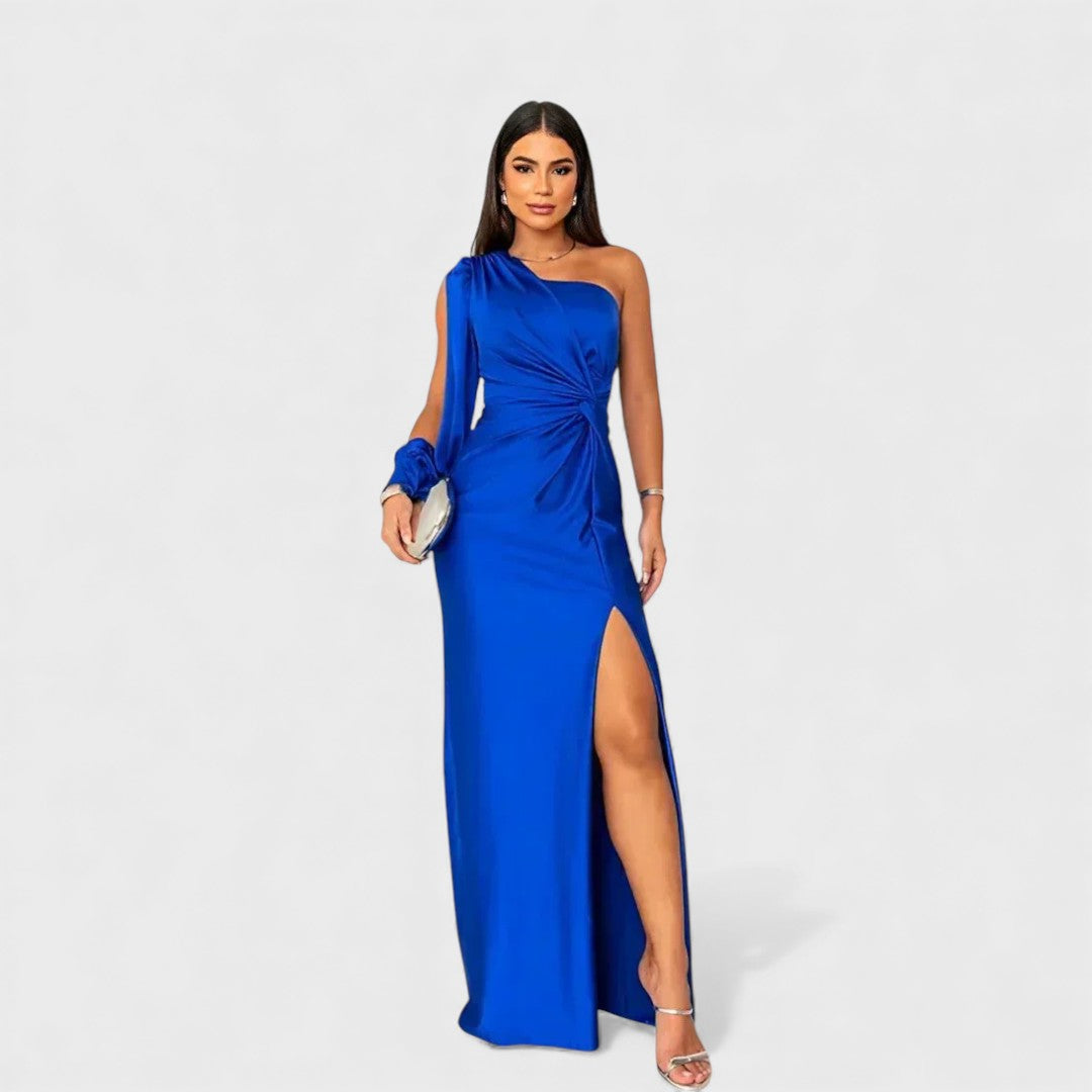Women's Satin One-Shoulder Slit Maxi Dress