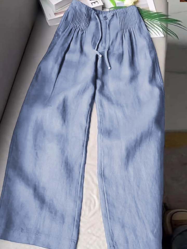 Women Wide Leg Linen Blend Trousers High Waist Smocked Culottes Pants