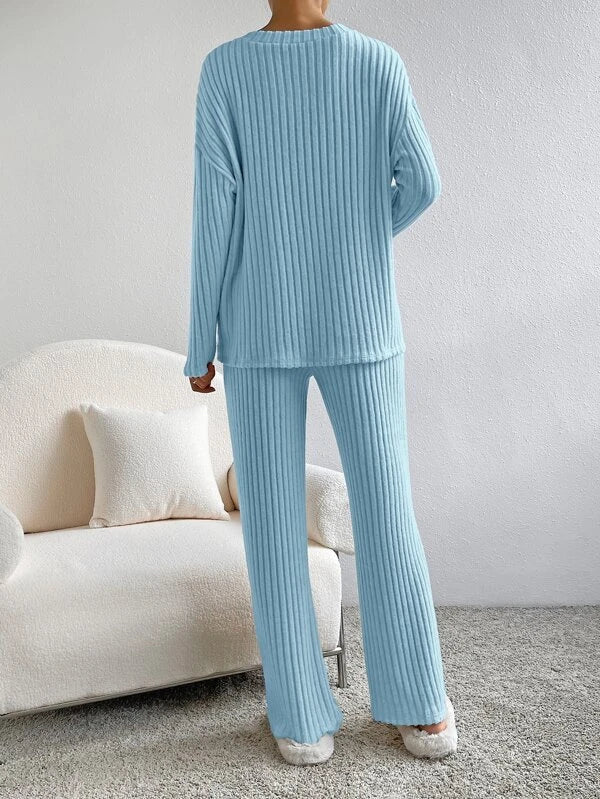 Women's Knit V-Neck Lounge Set Loungewear Co-ord Two-Piece Set