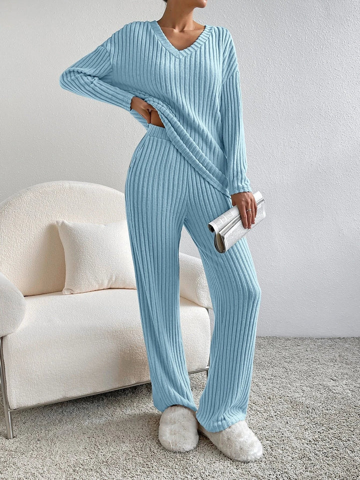 Women's Knit V-Neck Lounge Set Loungewear Co-ord Two-Piece Set
