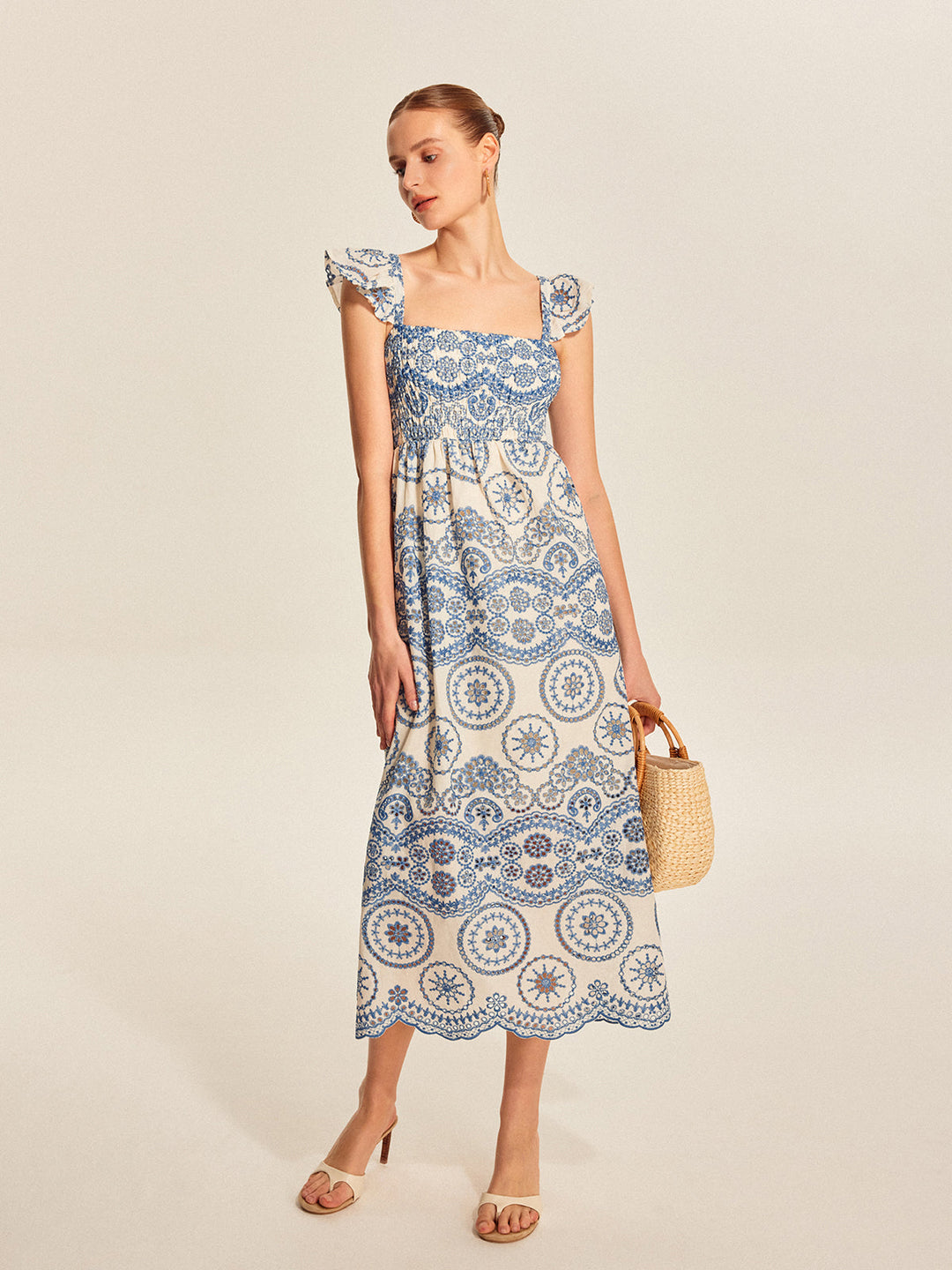 Robe longue d’été en lin pour femme, à encolure carrée et broderies