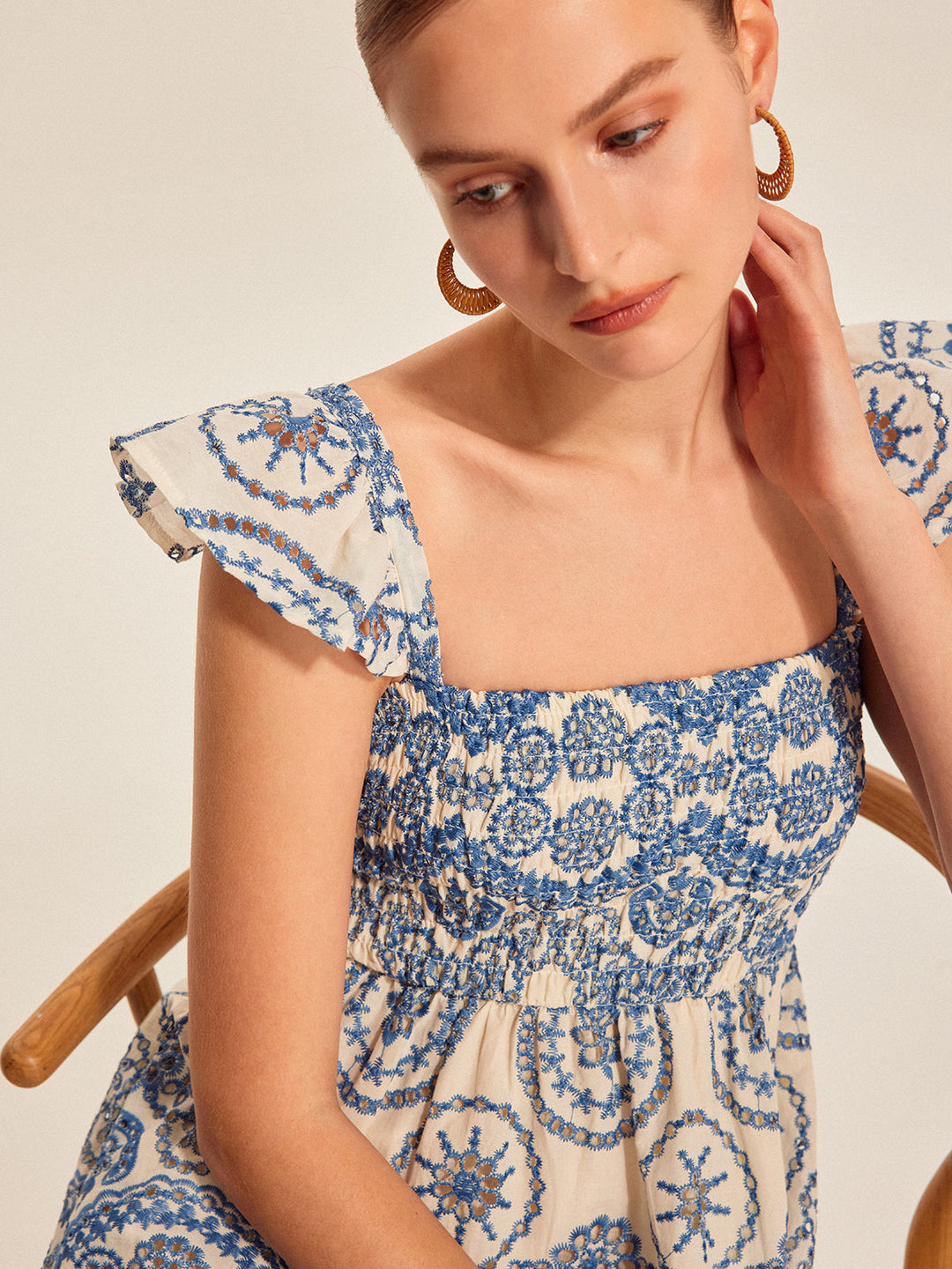 Robe longue d’été en lin pour femme, à encolure carrée et broderies