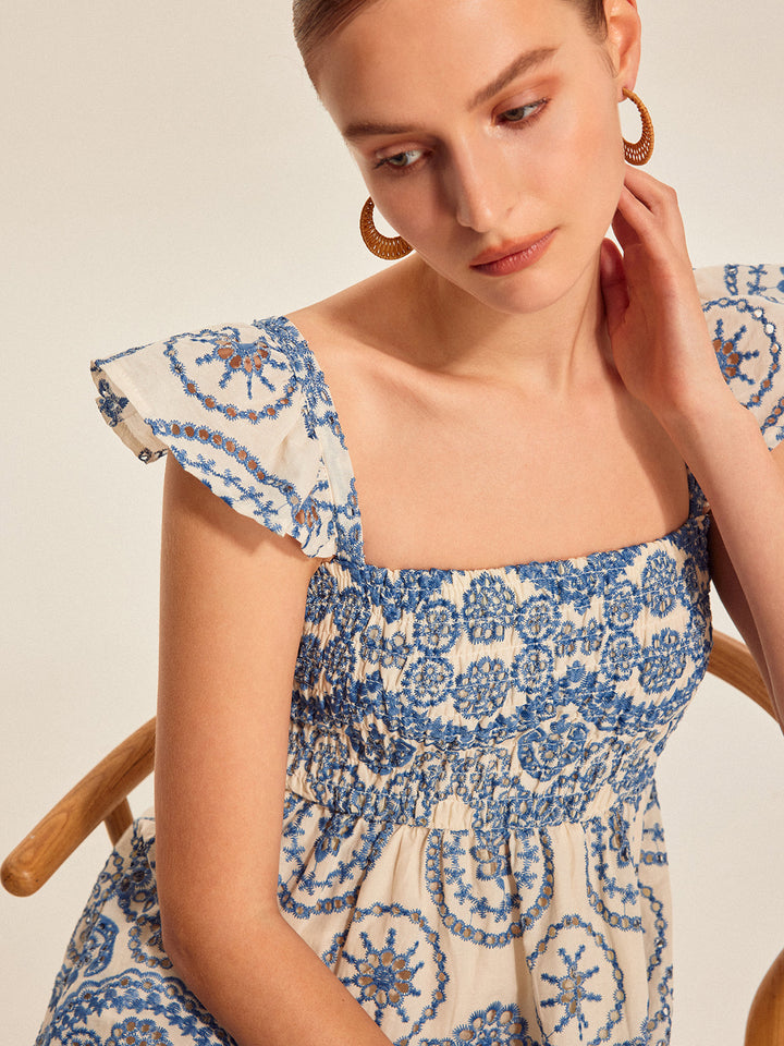 Robe longue d’été en lin pour femme, à encolure carrée et broderies