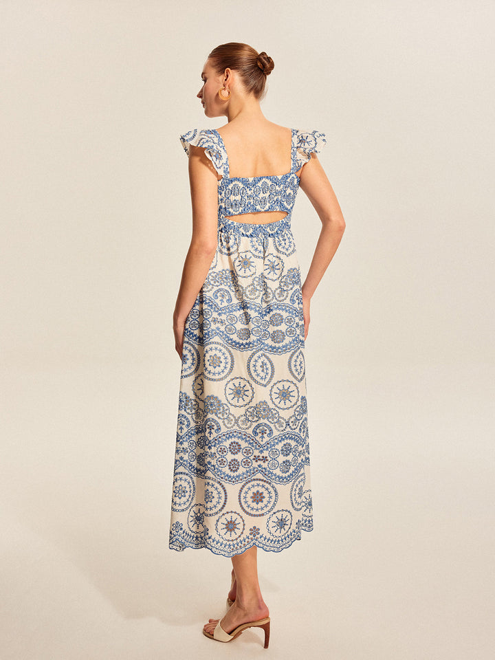 Robe longue d’été en lin pour femme, à encolure carrée et broderies