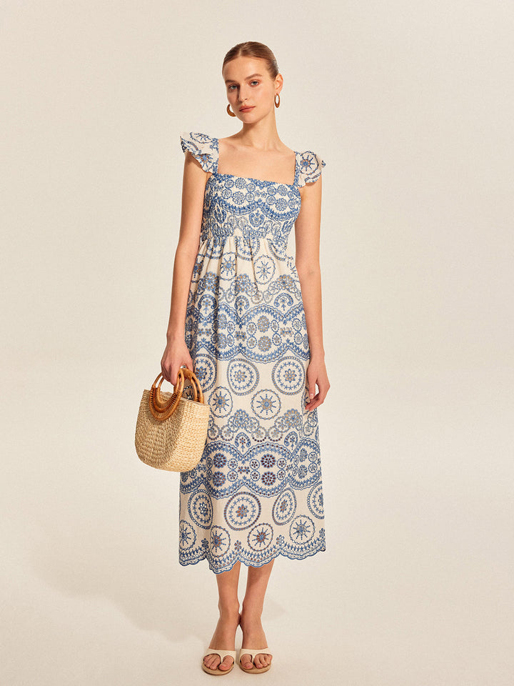 Robe longue d’été en lin pour femme, à encolure carrée et broderies