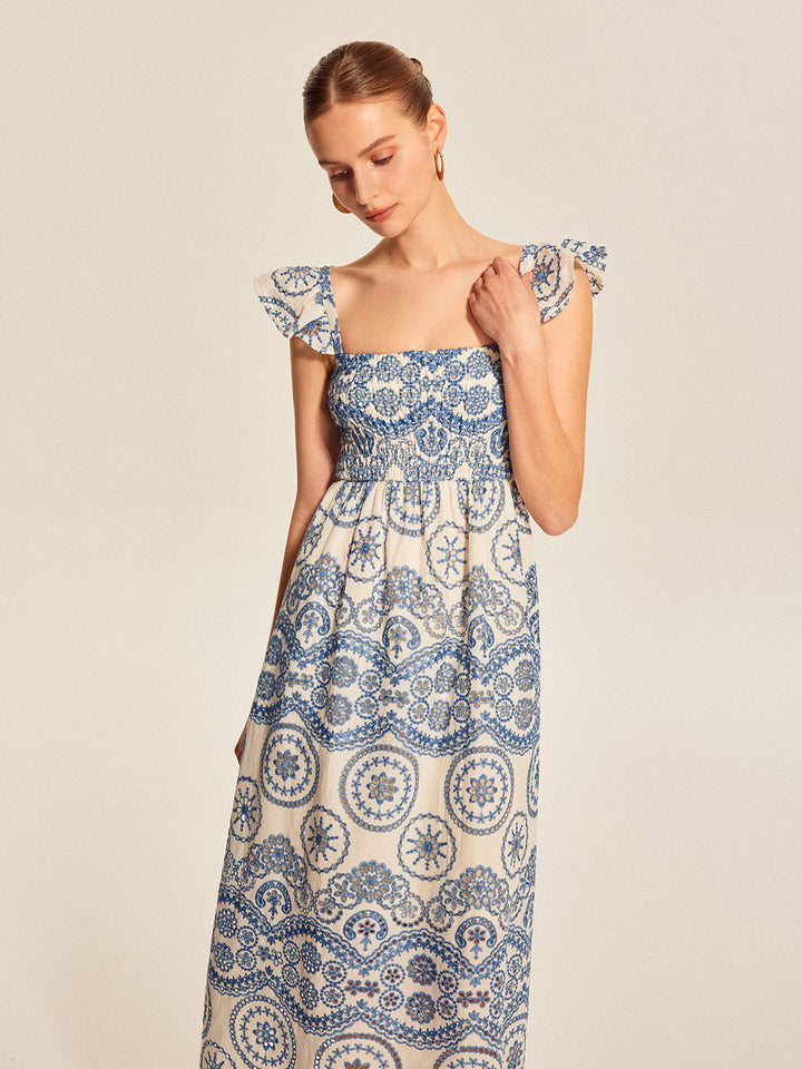 Robe longue d’été en lin pour femme, à encolure carrée et broderies