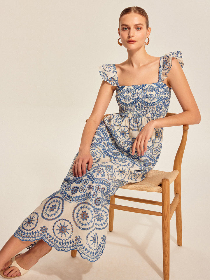 Robe longue d’été en lin pour femme, à encolure carrée et broderies