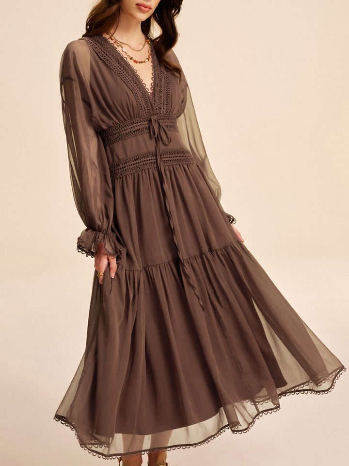 Women's Long Sleeve Chiffon Maxi Dress V Neck Tiered Gown