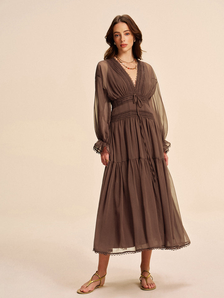 Women's Long Sleeve Chiffon Maxi Dress V Neck Tiered Gown