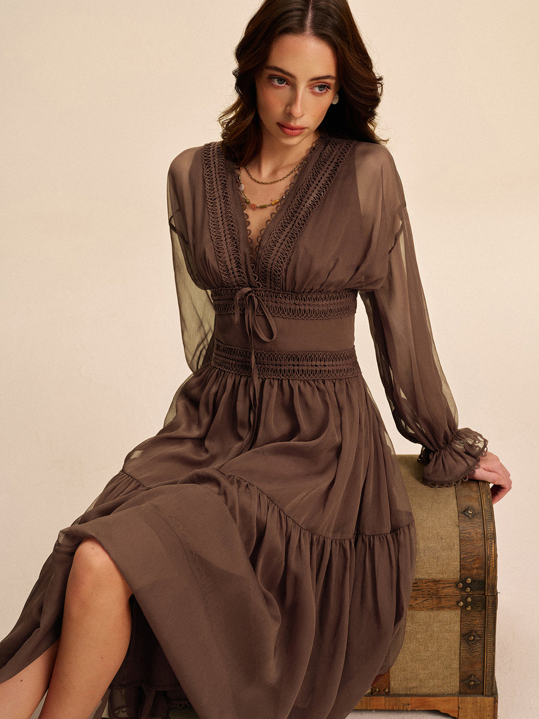 Women's Long Sleeve Chiffon Maxi Dress V Neck Tiered Gown