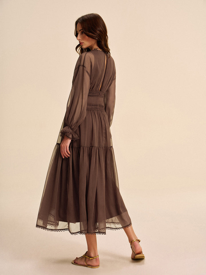 Women's Long Sleeve Chiffon Maxi Dress V Neck Tiered Gown