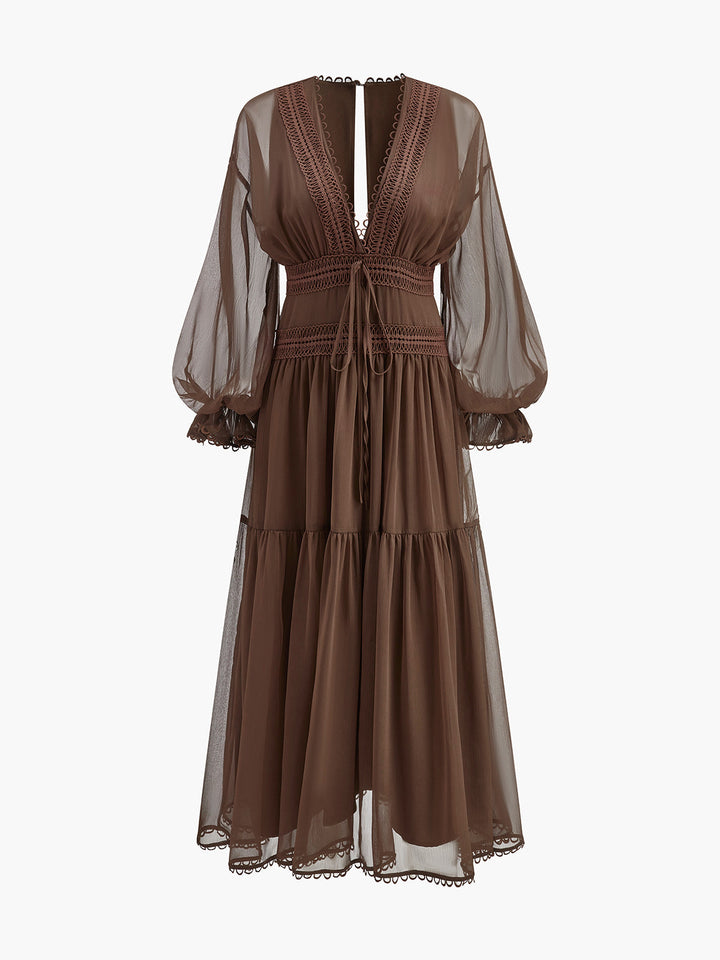 Women's Long Sleeve Chiffon Maxi Dress V Neck Tiered Gown