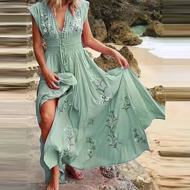 Women's Boho Embroidered V-Neck Linen Maxi Dress