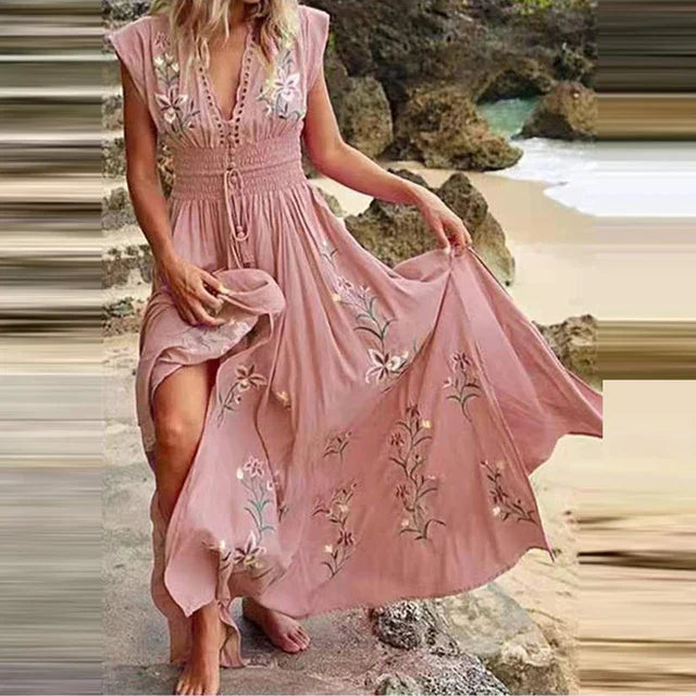 Women's Boho Embroidered V-Neck Linen Maxi Dress