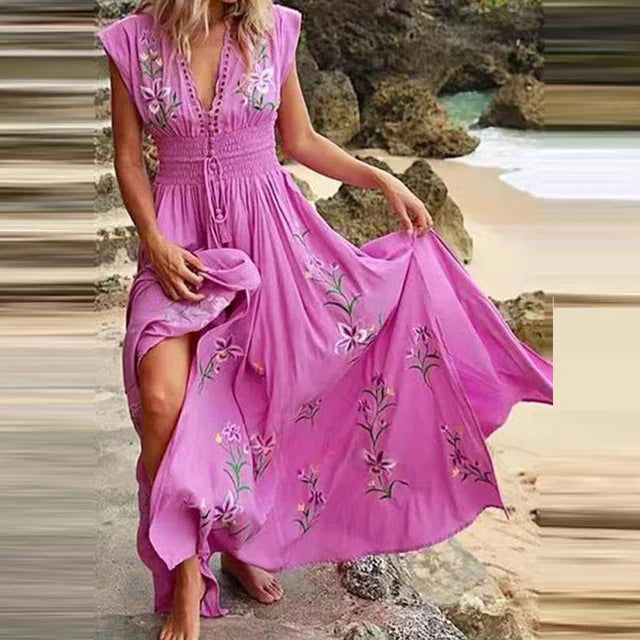 Women's Boho Embroidered V-Neck Linen Maxi Dress
